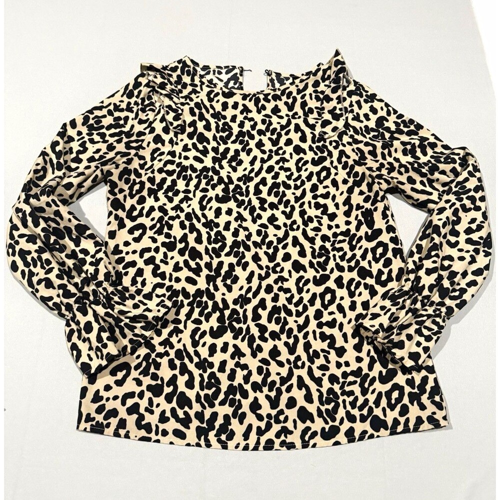 SHEIN Womenβs Beige/Black Leopard Print Ruffle Long Sleeve Blouse Size S